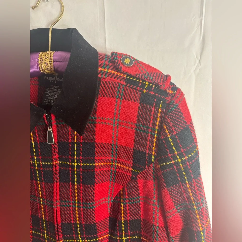 VTG Red+Black Plaid Bomber Jacket Faux‎ Suede Collar Gold+Black Epaulet Size S/M